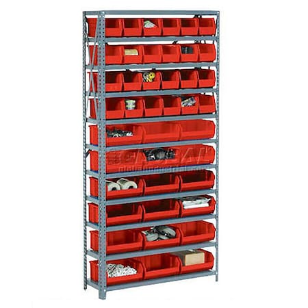 Global Industrial Steel Open Shelving with 60 Red Plastic Stacking Bins 11 Shelves - 36x12x73 603252RD