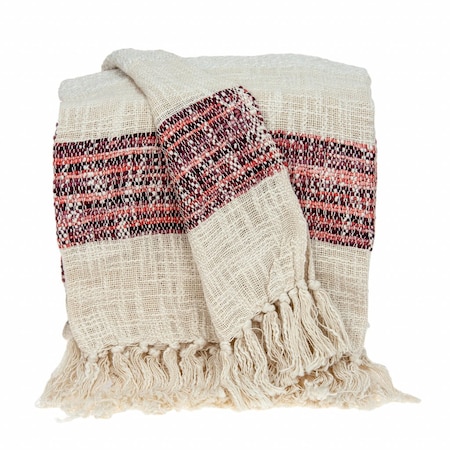 Homeroots Beige and Shades of Pink Strips Woven Handloom Throw Blanket 476230