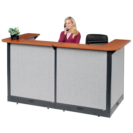 Global Industrial Interion U-Shaped Electric Reception Station, 88"W x 44"D x 46"H, Cherry Counter, Gray Panel 249008ECG