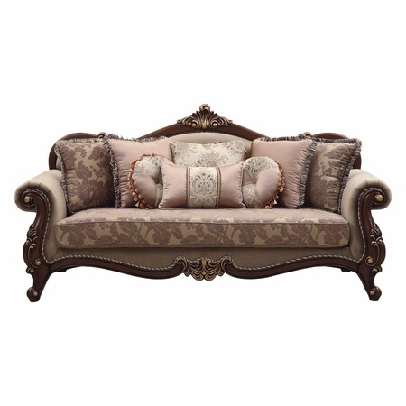 Homeroots 88" Beige Velvet Floral Sofa And Toss Pillows With Brown Legs 348219