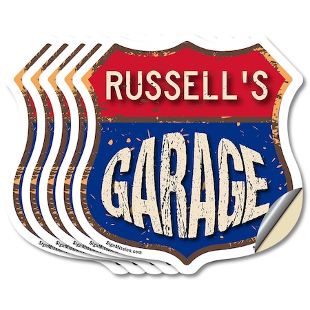 Signmission Russell's Garage, 6 inch X 6 inch, Vinyl Decal, 5PK SHI-D-5PACK-6-383-RUSSELL