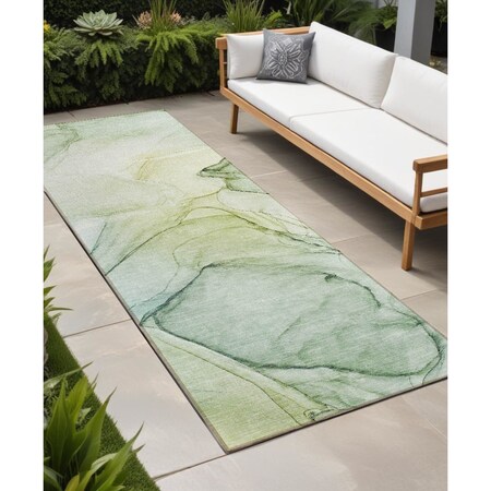 Homeroots 8' Runner Green Abstract Washable Non Skid Indoor Outdoor Runner Rug 559506