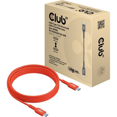 Club 3D USB2 TYPE-C 240W 480MB CABLE CABL2M/6.6FT BI-DIRECTIONAL 48V/5A EPR CAC-1573