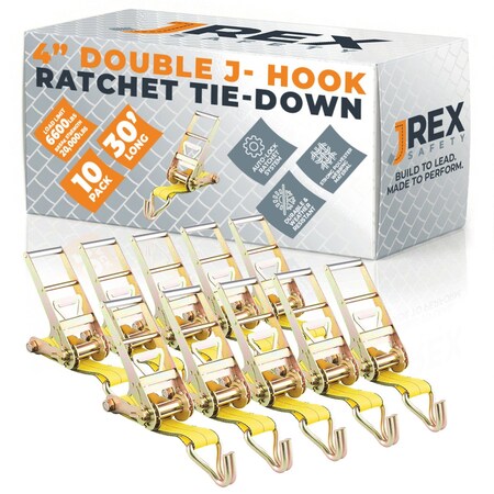 Jrex Safety 10PK HD Ratchet Straps with Double J Hooks, Yellow 4 in x 30 ft Tie Downs RTD430-JR-DJH-10PK