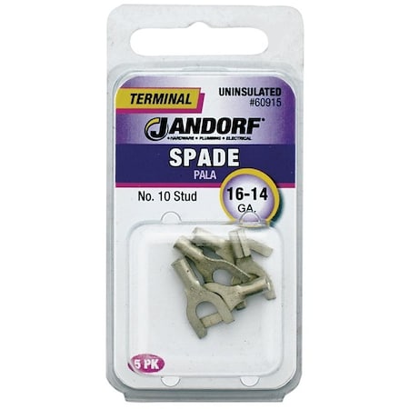 Jandorf Non-Insulated Spade Terminal, 600 V, 16 to 14 AWG Wire, #10 Stud, Copper Contact 60915