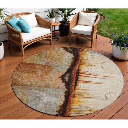 Homeroots 8' Rust And Charcoal Round Abstract Washable Indoor Outdoor Area Rug 630473