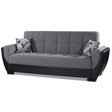 Homeroots 93" Black Gray Chenille And Faux Leather Convertible Futon Sleeper Sofa w/ Toss Pillows And Storage 607160