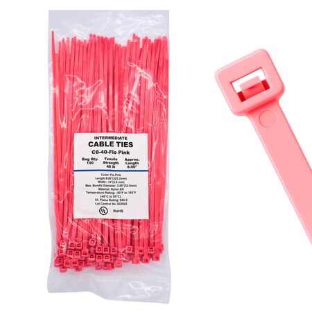 Cable Ties Unlimited Cable Tie, 8 in L, 40 lb Strength, 2.2 in Max Bundle Dia, Nylon 6/6, Fluorescent Pink 100PK C8-40-Flo Pink