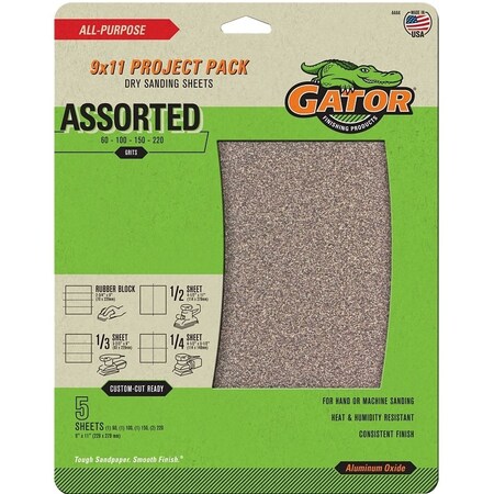 Gator Sanding Sheet, 9 in L, 11 in W, 60, 100, 150, 220 Grit, Coarse/Extra Fine/Fine/Medium 4444