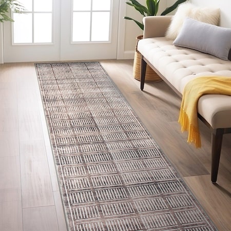 World Rug Gallery Bohemian Stripe Lines Washable Non Slip Runner Rug 2 ft x 8 ft Brown WR68BROWN2X8