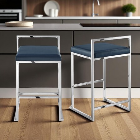 Homeroots Set of Two Navy Blue and Silver Stainless Steel and Faux Leather Low Back Counter Height Bar Chairs 632341
