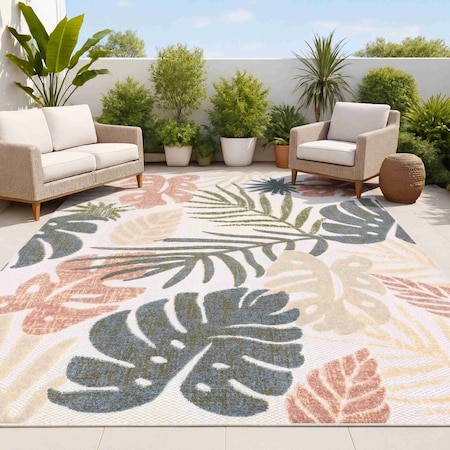 Jonathan Y Monstera Tropical Leaf High-Low Cream/Multi 5 ft. x 8 ft. Indoor/Outdoor Area Rug AMC113D-5