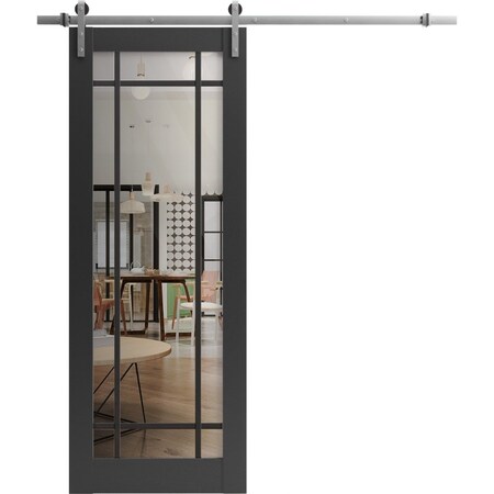 Sartodoors Sturdy Barn Door Clear Tempered Glass, Lucia 2266 Matte Black and Aluminum Strips, 6.6FT Silver Ra LUCIA2266BD-S-BLK-28 x 84