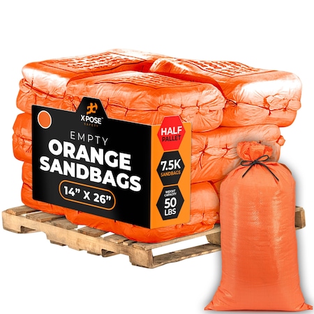 Xpose Safety Woven Polypropylene Sand Bags for Gravel - 14in x 26in 50 lb Limit, Orange, Half Pallet of 7,500 SBO-1426-HP7500-X