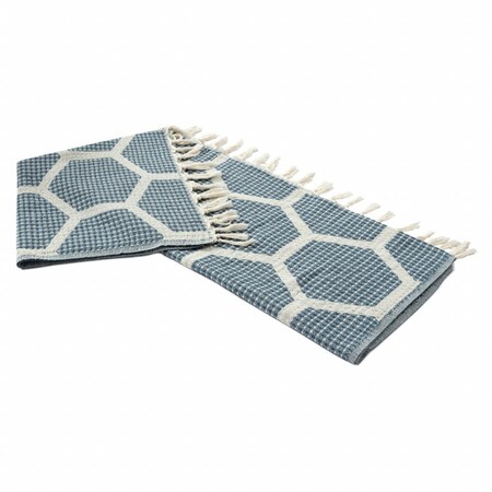 Homeroots 60" X 50" Blue and Off White Woven Cotton Geometric Throw Blanket with Fringe 516496