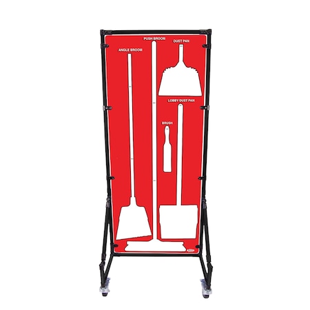 5S Supplies Housekeeping Shadow Board Broom Station V1, Red / White Shadows, Kit + Stand, No Text HSB-V1-RED/WHITE-KIT-STAND-NO TEXT