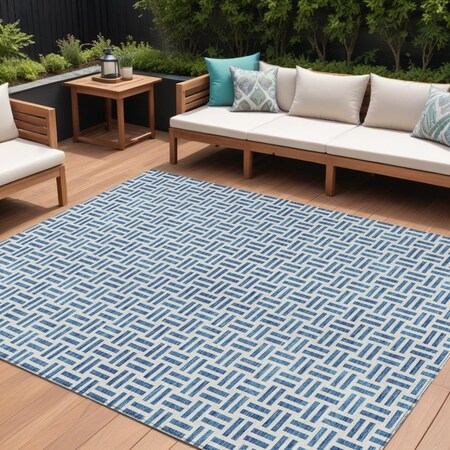 Homeroots 8' X 10' Denim Blue And Ivory Geometric Washable Indoor Outdoor Area Rug 614740