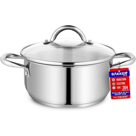 Bakken-Swiss 3QT Stockpot, Stainless Steel, Tempered Glass Lid, Induction-Ready, Heavy-Duty BKSSQ3