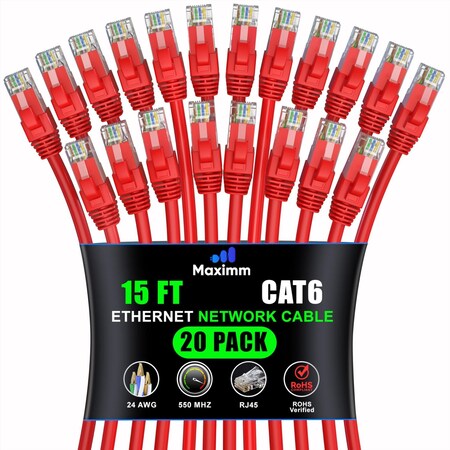 Maximm Cat6 Ethernet Cable 15ft 10Gbps 550MHz UTP, 20PK, Red, 20PK CAT6CCA-15RD-20PK
