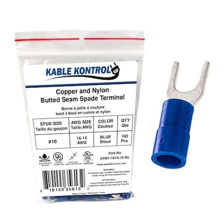 Kable Kontrol Copper and Nylon Butted Seam Spade Terminal, 16-14 AWG, Stud Size # 10, Blue, 100 Pcs, 100PK STNY-1614-10-BL