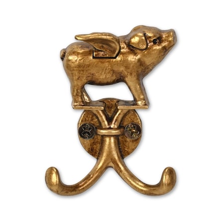 Homeroots Two Hook 2in Antiqued Gold Cast Iron Pig Wall Hooks 724077