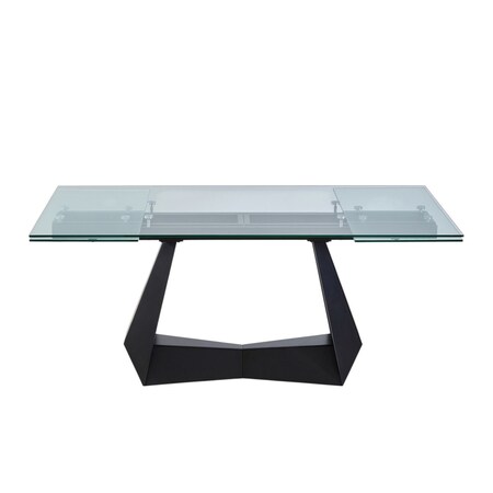 Homeroots 71" Clear and Black Glass and Metal Self-Storing Leaf Sled Base Extendable Dining Table 555200