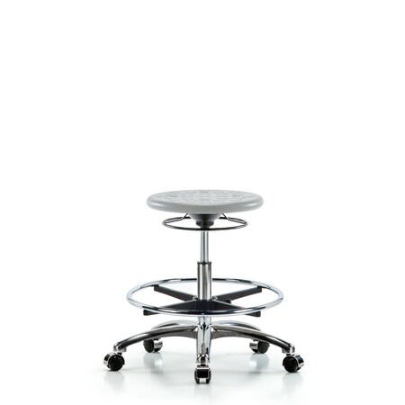 Blue Ridge Ergonomics Polyurethane Stool Chrome-Medium Bench Height with Chrome Foot Ring & Casters in Gray Polyurethane IPMBSO-CR-CF-CC-GRY