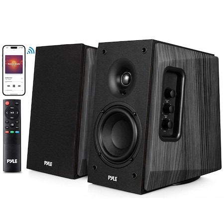 Pyle Powered Bookshelf Speaker System with Bluetooth, 80W Active Stereo Speakers, Bass Reflex Natural PBKSP25BK