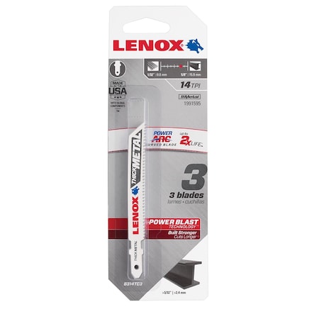 Lenox Power Arc 3 5/8 in. Bi-Metal T-Shank Jig Saw Blade 14 TPI 3 pc 1991595