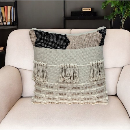 Homeroots 18" Beige and Gold Striped Cotton Blend Throw Pillow With Fringe 529338