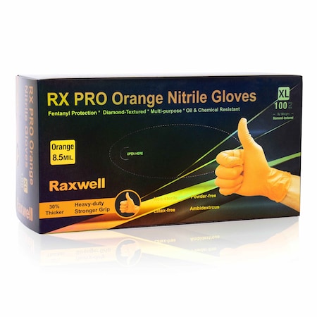 Raxwell Orange Diamond Grip Nitrile Gloves, 8.5 mil, XX-Large, 90PK RX50010