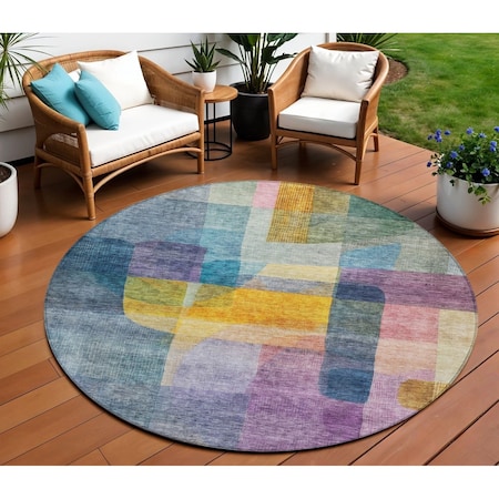 Homeroots 8' Blue Green And Purple Round Abstract Washable Indoor Outdoor Area Rug 604284