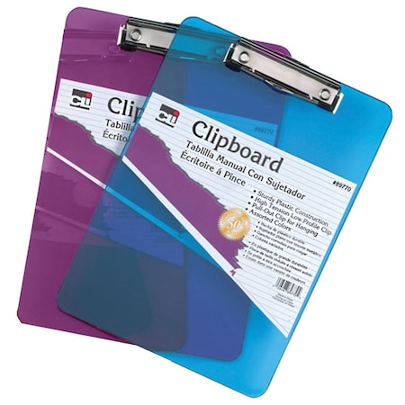Charles Leonard Transparent Plastic Clipboard, Low Profile Clip&Pull Out Hook, Letter Size, Assorted Neon Colors, 2PK 89770