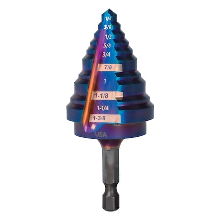 Spyder 10 Step Bit, Mach-Blue Hex Shank, 1/4'', 1-3/8'' 19024