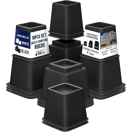 Lifemaster Adjustable Bed Risers, 3in and 5in Heights, Heavy Duty, 1300lbs Support, Black, 16PK LMBEDBLK16