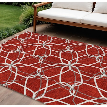 Homeroots 9' X 12' Red And Ivory Geometric Washable Indoor Outdoor Area Rug 613047