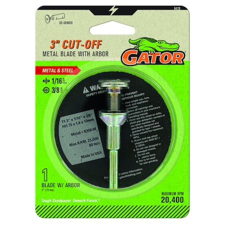 Gator Finishing 3 in. X  1/16 in X 3/8 in. Aluminum Oxide Metal Cut-Off Blade with Arbor 9429