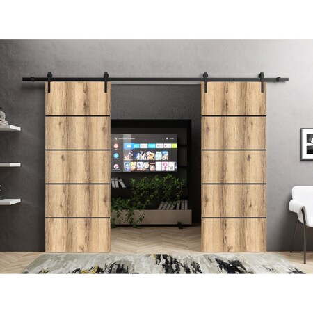 Sartodoors Sliding Double Barn Doors with Hardware, Planum 0015 Oak and Aluminum Strips, 13FT Rail Hangers Stu PLANUM0015DB-DUB-36