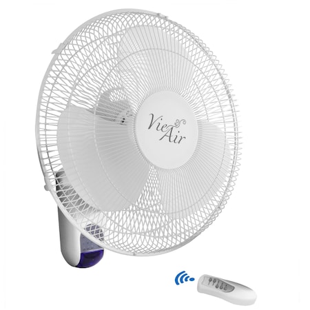 Vie Air 16 Inch 3 Speed Plastic Wall Fan with Remote Control in White VA-16W