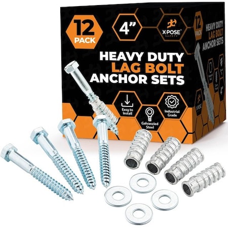 Xpose Safety Concrete Anchors Set with 4 Lag Bolt, Lag Shield and Washer, 1/2 Bolt Lag Screws 4, 12PK CAS4-12-X