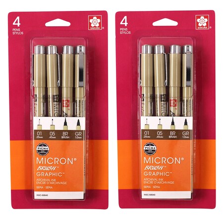 Sakura Pigma Drawing Pens, Sepia, Assorted Sizes, 4-Piece Set, 2PK 50040