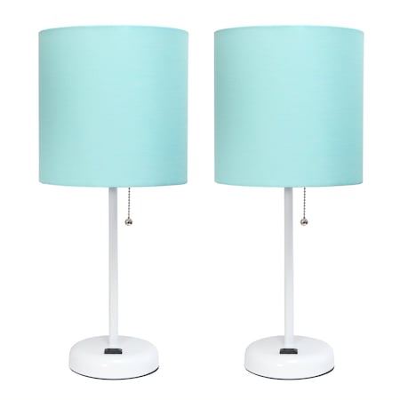Homeroots Set of Two 20" White Metal Table Lamp With Aqua Drum Shade 643189