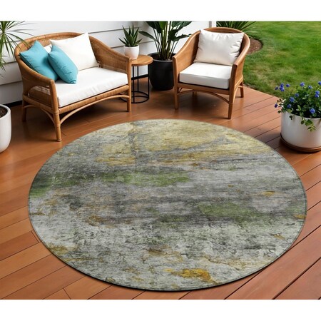 Homeroots 8' Olive Green Gold And Gray Round Abstract Washable Indoor Outdoor Area Rug 631451