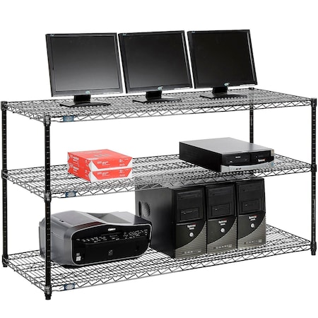 Global Industrial Nexel 3-Shelf Wire Computer LAN Workstation, 60"W x 24"D x 34"H, Black 695375BK