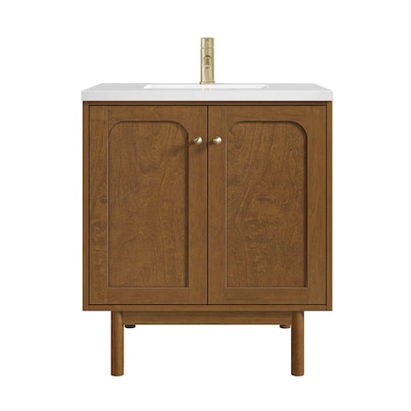 James Martin Vanities Laurent 30" Sgl Vanity, Honey Oak w/ Sgl Hole 3 CM White Zeus Silestone Top and Matching Backsplash 545-V30-HNO-1WZ