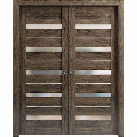 Sartodoors Sliding French Dbl Pocket Doors 48 x 96in, Cognac Oak W/ Frosted Glass, Kit Trims Rail Hardware QUADRO4445DP-AKA-4896