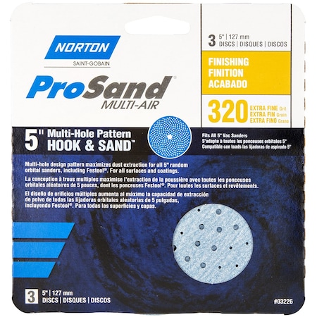 Norton Co 5" Norton 03226 ProSand Multi-Hole Hook & Sand Vacuum Discs, 320-Grit, Extra-Fine, 3-Pack 68277