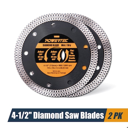 Powertec 4-1/2 Inch Diamond Saw Blades for Angle Grinder, Super Thin Turbo Mesh Rim Tile Blades, 2PK 14000-P2