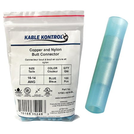 Kable Kontrol Butt Splice Wire Connector, 14 AWG Max, Blue, 100 PK NYBC-1614-BL