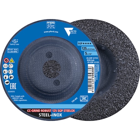 Pferd Grinding disc, CC-GRIND-ROBUST, 5 in x 7/8, SGP STEELOX VICTOGRAIN, Ceramic, 2PK 64198126